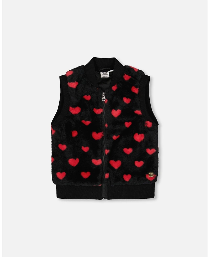 Deux par Girl Faux Fur Sleeveless Vest Black and Red with Hearts - Child
