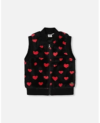 Deux par Girl Faux Fur Sleeveless Vest Black and Red with Hearts - Child
