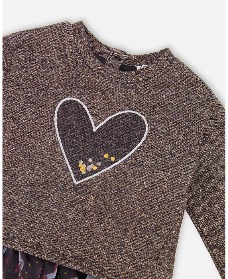 Deux par Girl Bi-Material Dress Black with Mesh Skirt and Heart - Child