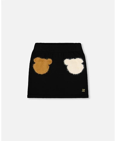 Deux par Girl Knitted Skirt Black with Bear Intarsia
