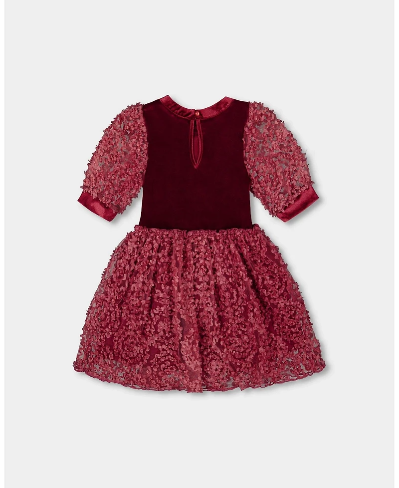 Deux par Girl Puff Sleeve Bi-Material Velour and Lace Dress Red