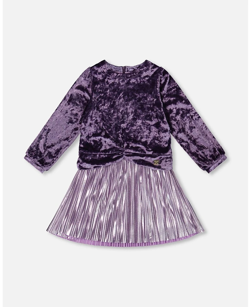 Deux par Toddler Girls Long Sleeve Bi-Material Velour and Jersey Dress Purple Gray - Toddler|Child