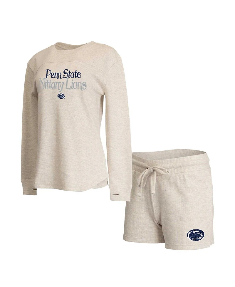 Concepts Sport Women's 2-Piece Cream Penn State Nittany Lions Waffle Fabric Long Sleeve Top and Shorts Sleep Set