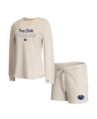 Concepts Sport Women's 2-Piece Cream Penn State Nittany Lions Waffle Fabric Long Sleeve Top and Shorts Sleep Set
