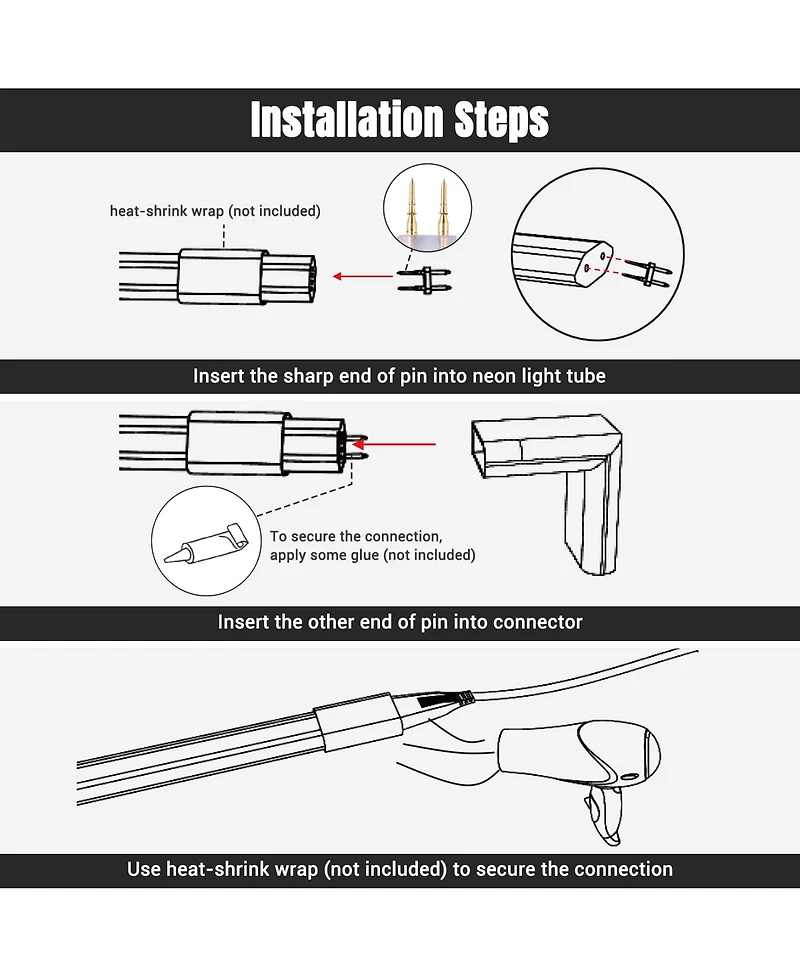 DELight 2 Pin Connectors Accessories L Shape with Pin for 7x14mm Neon Rope Light
