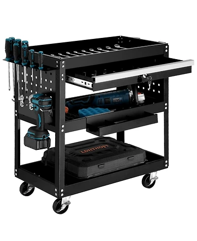 3 Tier Rolling Tool Cart with Wheels, Drawer, Industrial Commercial Service Cart, All Metal