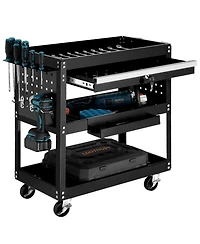 3 Tier Rolling Tool Cart with Wheels, Drawer, Industrial Commercial Service Cart, All Metal
