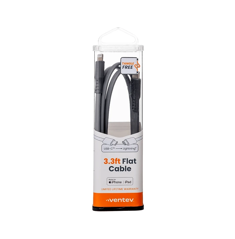 Ventev Flat Usb C to Apple Lightning High Speed Tangle-Free Foot Cable-Gray