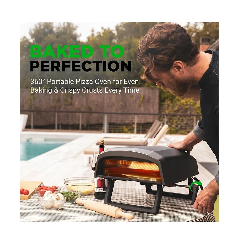 NutriChef Portable Pizza Oven with Rotating Pizza Stone, Rain Cover, Regulator, and Hose – Suitable for Outdoor & Indoor Use (Black)