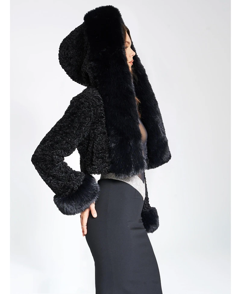 Miss Circle Women's Kali Black Cropped Faux Fur Jacket With Hood