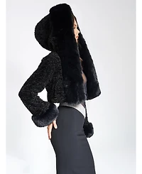 Miss Circle Women's Kali Black Cropped Faux Fur Jacket With Hood