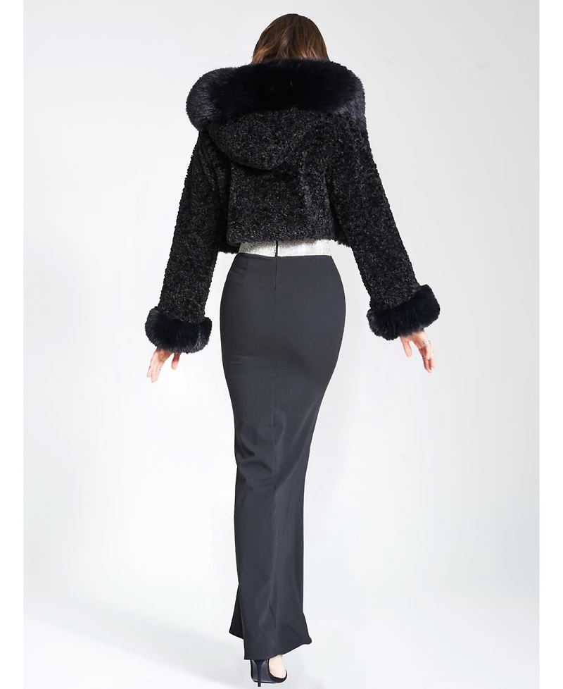 Miss Circle Women's Kali Black Cropped Faux Fur Jacket With Hood