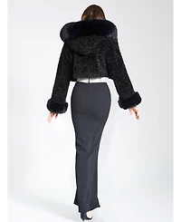 Miss Circle Women's Kali Black Cropped Faux Fur Jacket With Hood
