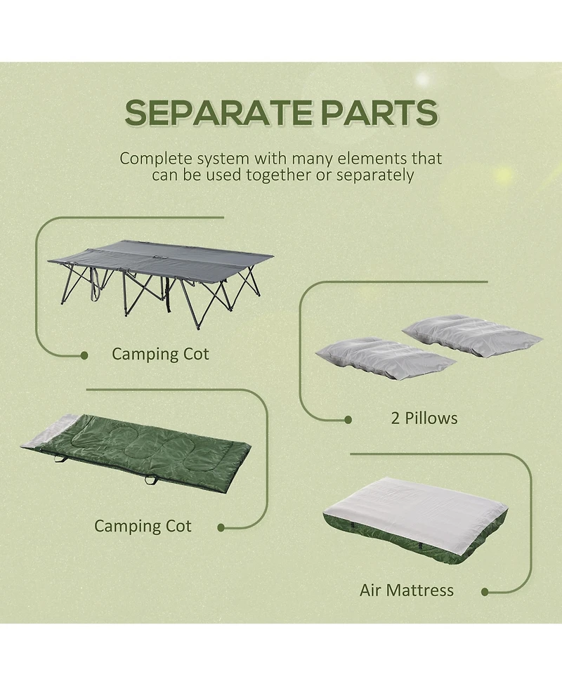 Outsunny 2-Person Folding Camping Cot Portable Outdoor Bed Set with Sleeping Bag, Inflatable Air Mattress, Comfort Pillows and Carry Bag, Soft and Com
