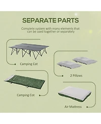 Outsunny 2-Person Folding Camping Cot Portable Outdoor Bed Set with Sleeping Bag, Inflatable Air Mattress, Comfort Pillows and Carry Bag, Soft and Com