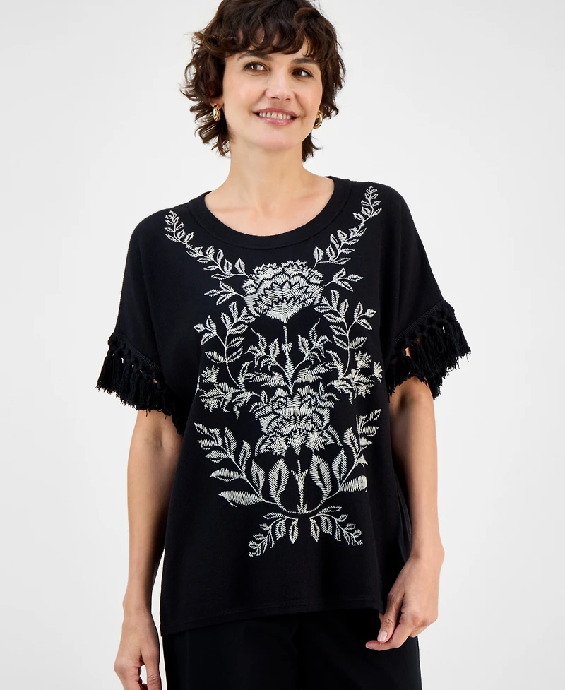 Jm Collection Women's Embroidered Fringe-Trim Poncho Top, Macy's Exclusive
