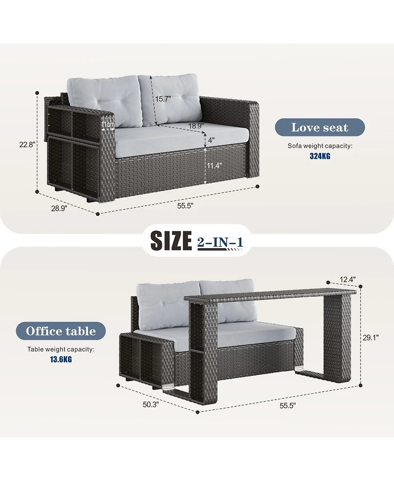 Vlsrka Convertible Foldable Wicker Outdoor Sofa with Storage Shelves