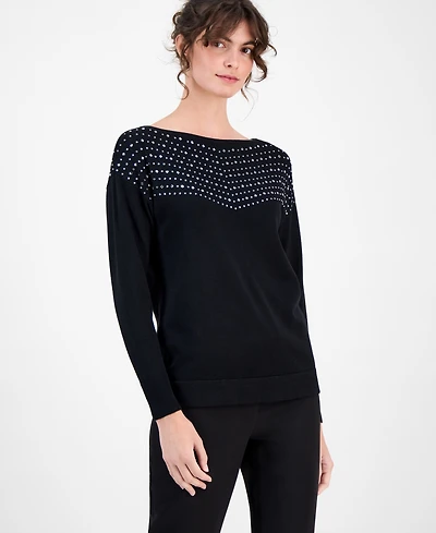 Ak Anne Klein Women's Embellished Drop-Shoulder Sweater