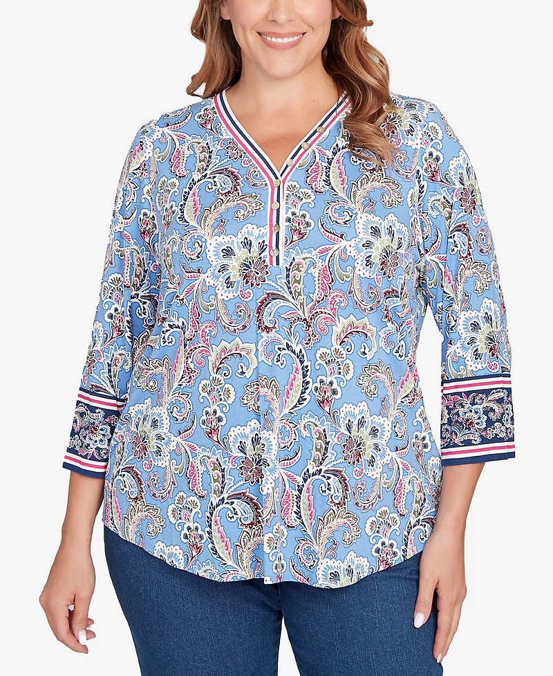 Ruby Rd. Plus Stripe Trim Paisley Henley Top