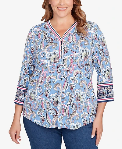 Ruby Rd. Plus Stripe Trim Paisley Henley Top
