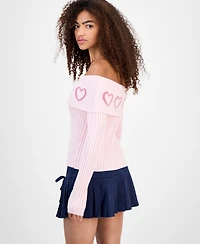 Madden Girl Juniors' Jacquard-Heart Off-The-Shoulder Sweater