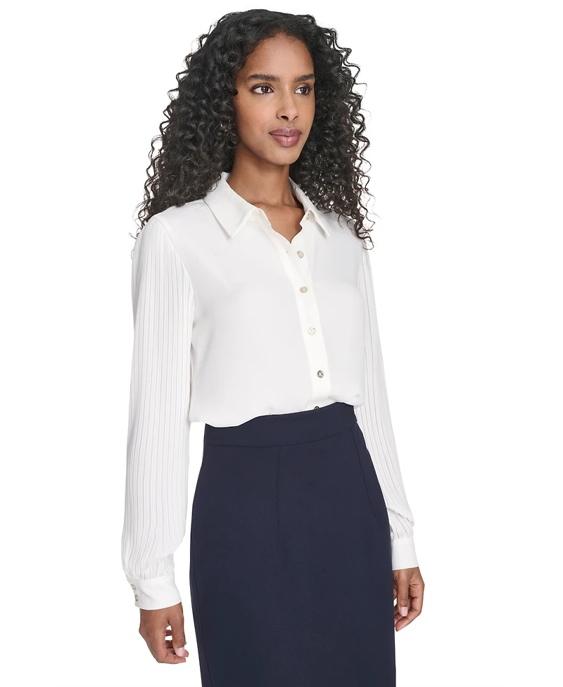 Tommy Hilfiger Women's Pleated Sleeve Button Up Blouse