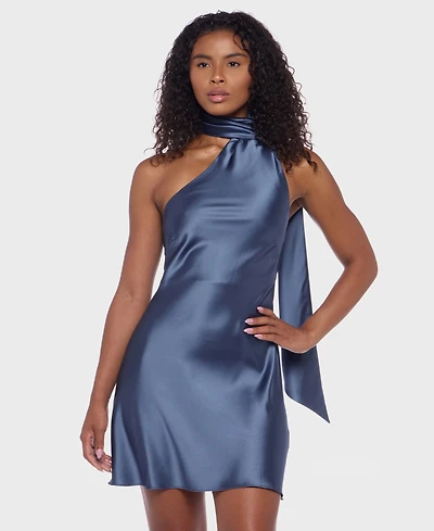 Alex & Sophia Juniors' Scarf-Neck One-Shoulder Satin Bodycon Dress