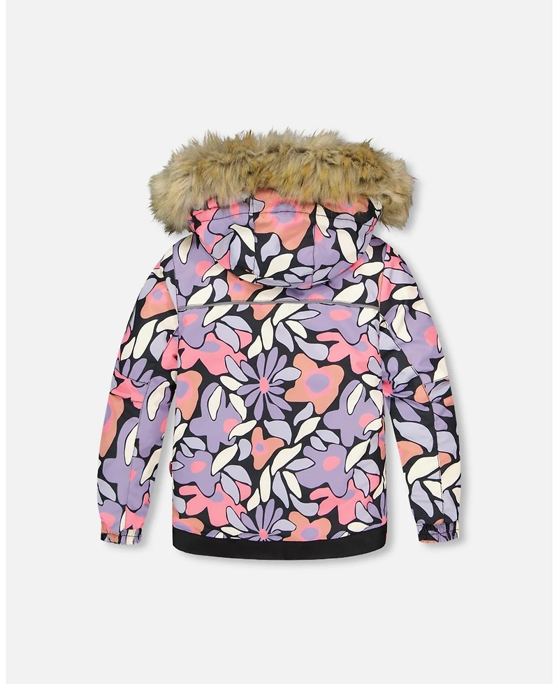Deux par Girl Two-Piece Play Snowsuit with Allover Print Jacket and Solid Pant Black