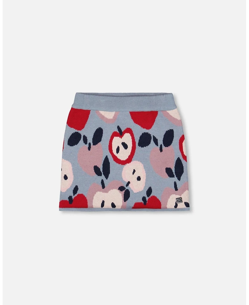 Deux par Girl Knit Skirt Blue and Red with Apple Heart Jacquard