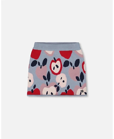 Deux par Girl Knit Skirt Blue and Red with Apple Heart Jacquard