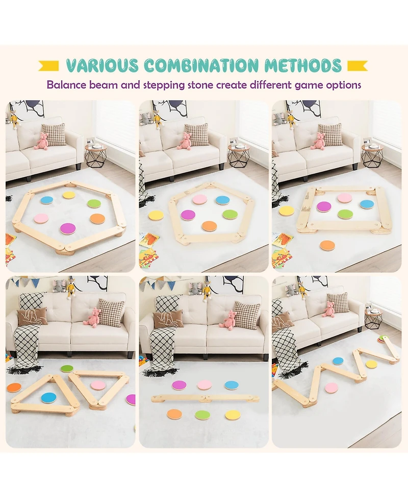Gymax Toddler Wooden Balance Beam with Colorful Steeping Stones 12 Piece Obstacle Course