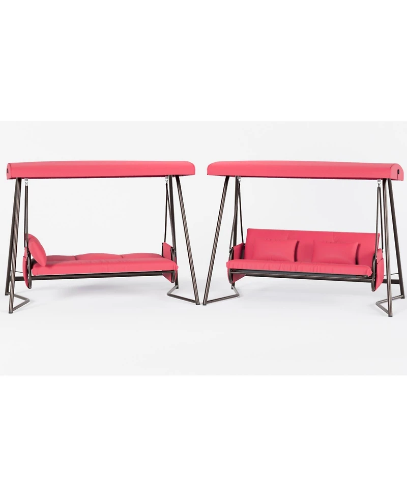 Flynama Outdoor Patio 3 seaters Metal Swing Chair Swing bed with Cushion and Adjustable Canopy Red Color