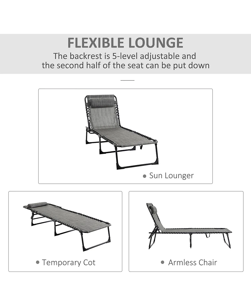 Flynama Reclining Chaise Lounge Chair, Portable Sun Lounger, Folding Camping Cot, with Adjustable Backrest and Removable Pillow, for Patio, Garden