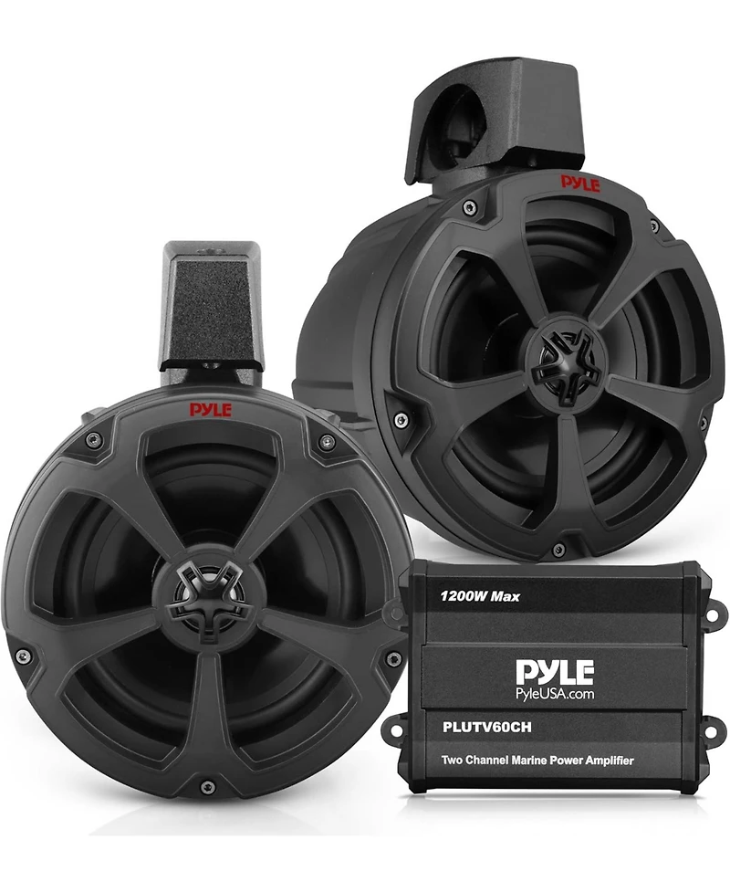 Pyle 6.5'' Water-Resistant Marine Speakers + 2 Channel Amplifier for Atv, Utv, 4x4, Jeep, Boat Stereo System (1200W)