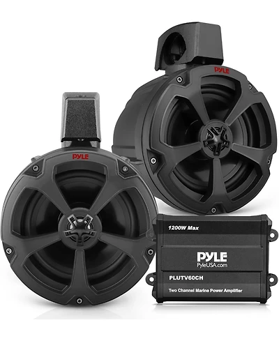 Pyle 6.5'' Water-Resistant Marine Speakers + 2 Channel Amplifier for Atv, Utv, 4x4, Jeep, Boat Stereo System (1200W)
