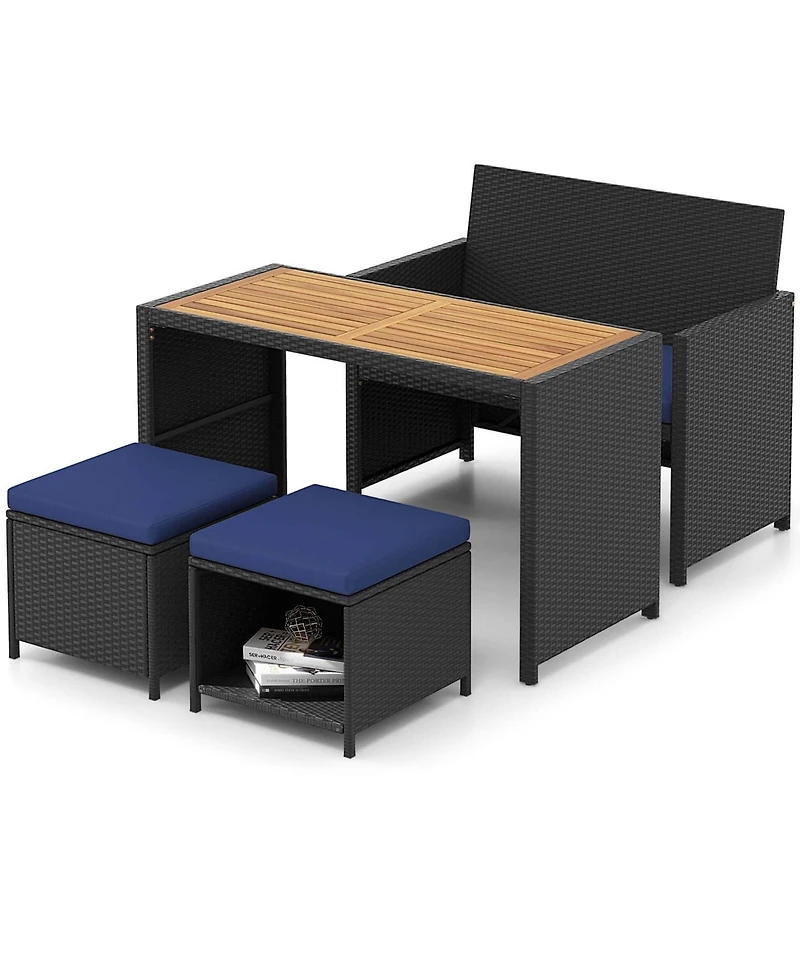 Costway 4 Pcs Outdoor Dining Set, Rattan Loveseat Chair & 2 Ottomans