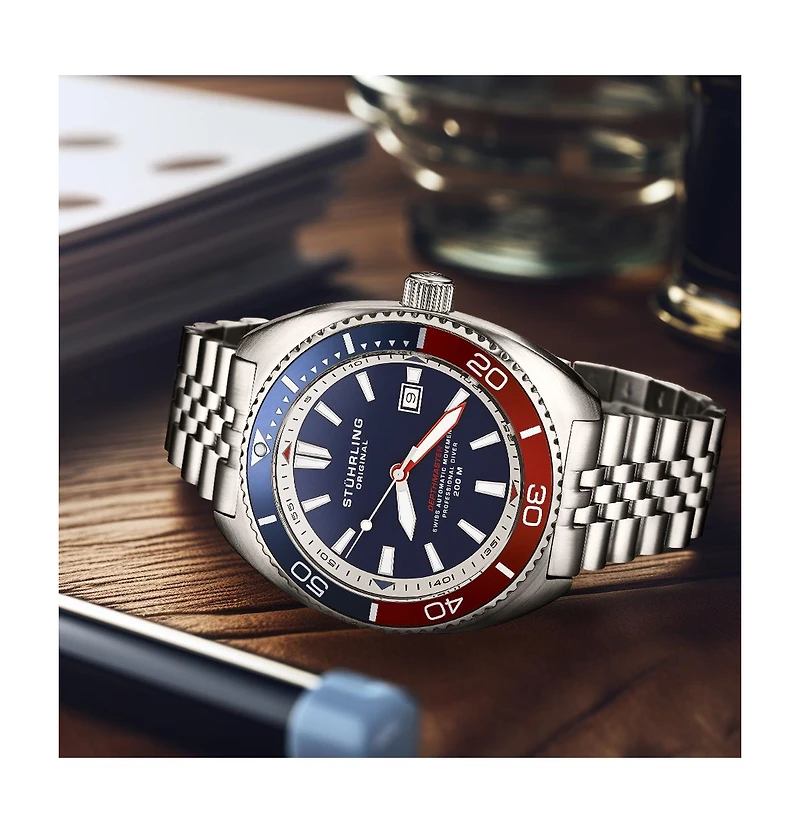 Stuhrling 1008 Men s Automatic Watch Tonneau Stainless Steel Case Blue Dial Pepsi Red Blue Bezel Jubilee Bracelet 200M Water Resistant Date Window