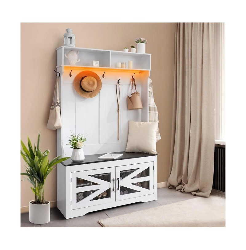 Slickblue Entryway Bench with Led Coat Rack, 7 Hooks, Shoe Storage, and Adjustable Shelves