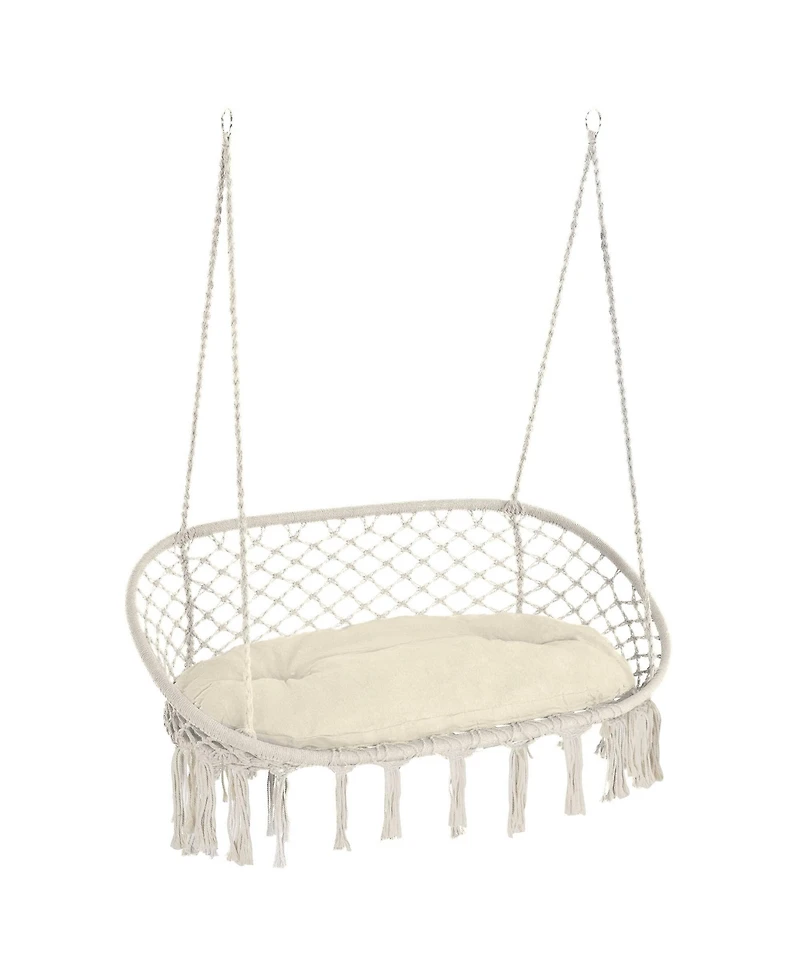 Flynama 2-Person Hammock Chair Macrame Swing with Soft Cushion, Hanging Cotton Rope Chair for Indoor Outdoor Home Patio Backyard, White