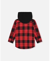 Deux par Baby Boys Plaid Flannel Shirt with Hoodie Red and Black