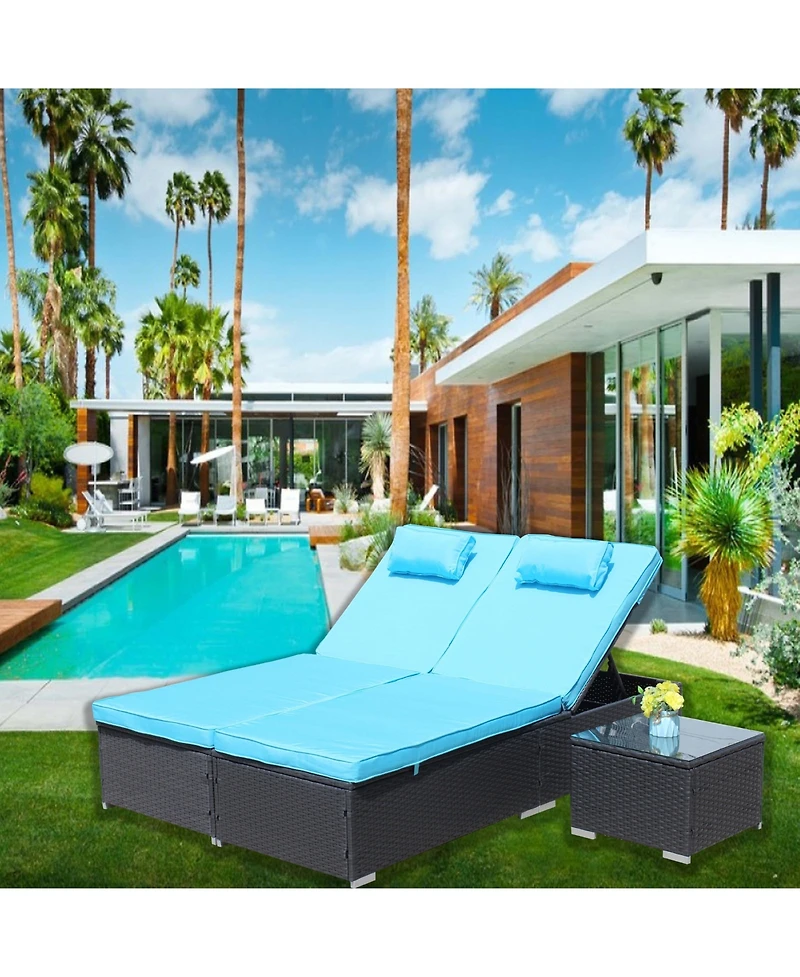 Flynama 3-Piece Outdoor Patio Furniture Set Chaise Lounge, Patio Reclining Rattan Lounge Chair Chaise Couch Cushioned with Glass Coffee Table