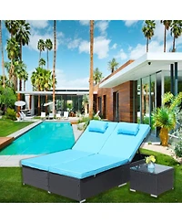 Flynama 3-Piece Outdoor Patio Furniture Set Chaise Lounge, Patio Reclining Rattan Lounge Chair Chaise Couch Cushioned with Glass Coffee Table