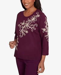 Alfred Dunner Women's Urban Legend Diagonal Floral Embroidered Sweater