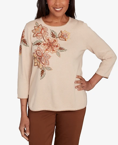 Alfred Dunner Women's Mount Laurel Asymmetrical Embroidered Flower Sweater