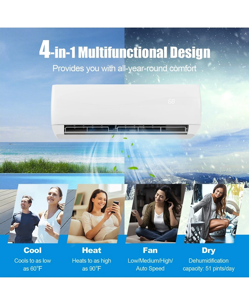 Gymax 9000BTU Mini Split Air Conditioner & Heater 19 SEER2 115V Wall Mount Ac Unit