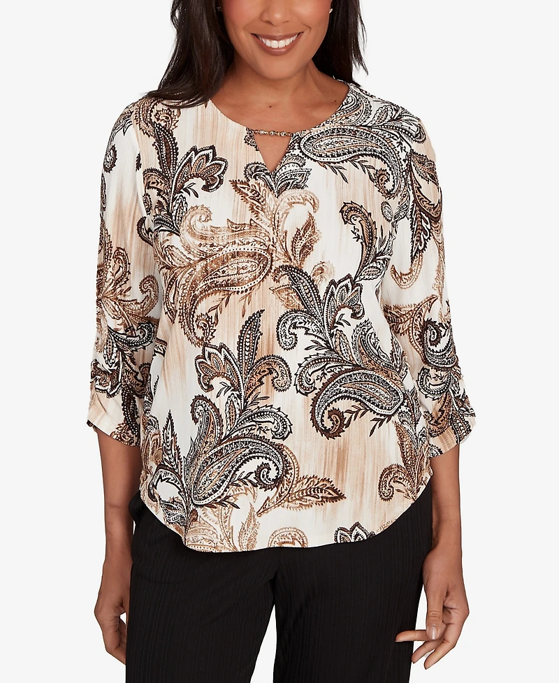 Alfred Dunner Women's Textured Paisley Ruched Sleeves Top