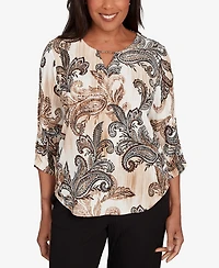 Alfred Dunner Women's Textured Paisley Ruched Sleeves Top