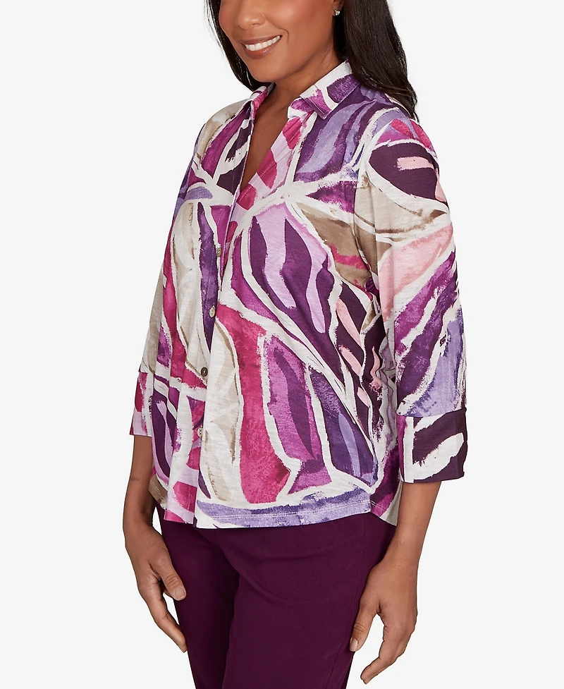 Alfred Dunner Women's Urban Legend Abstract Floral Button Front Top