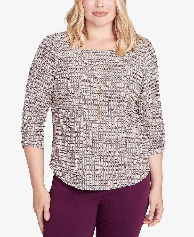 Alfred Dunner Women's Urban Legend Textured Shimmer Space Dye Top with Necklace