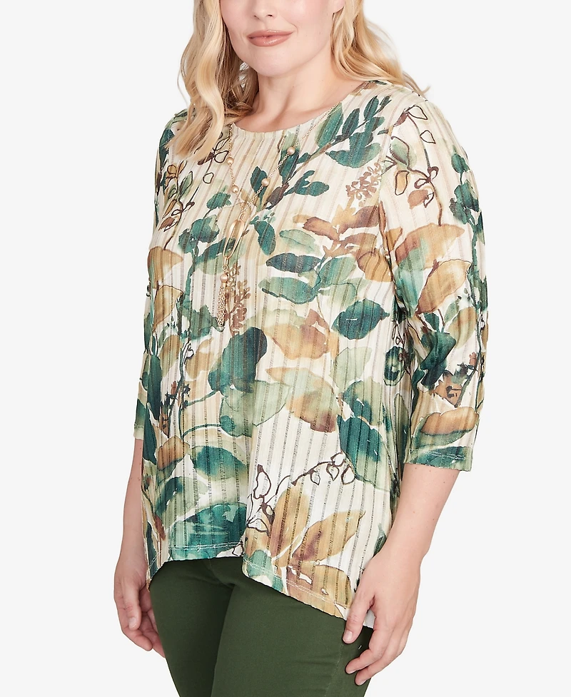 Alfred Dunner Women's Mount Laurel Abstract Leaf Sharkbite Hem Top with Necklace
